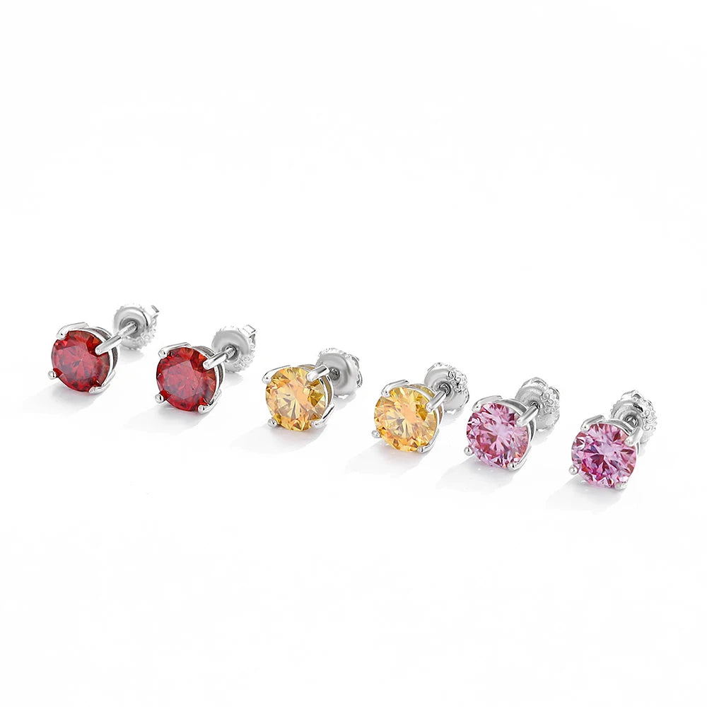 4/5/6.5/8 mm Real Moissanite Diamond Stud Earrings Blue/Red/Green/Yellow/Pink/Black/White/Grey 925 Sterling Silver Jewelry