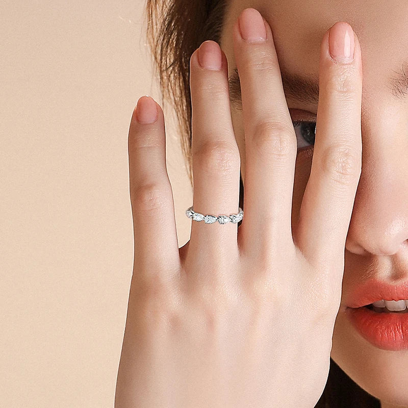 Smyoue Certified 3*5mm Pear Cut Moissanite Eternity Rings for Women Luxury Quality Lab Diamond 925 Sterling Silver Wedding Band