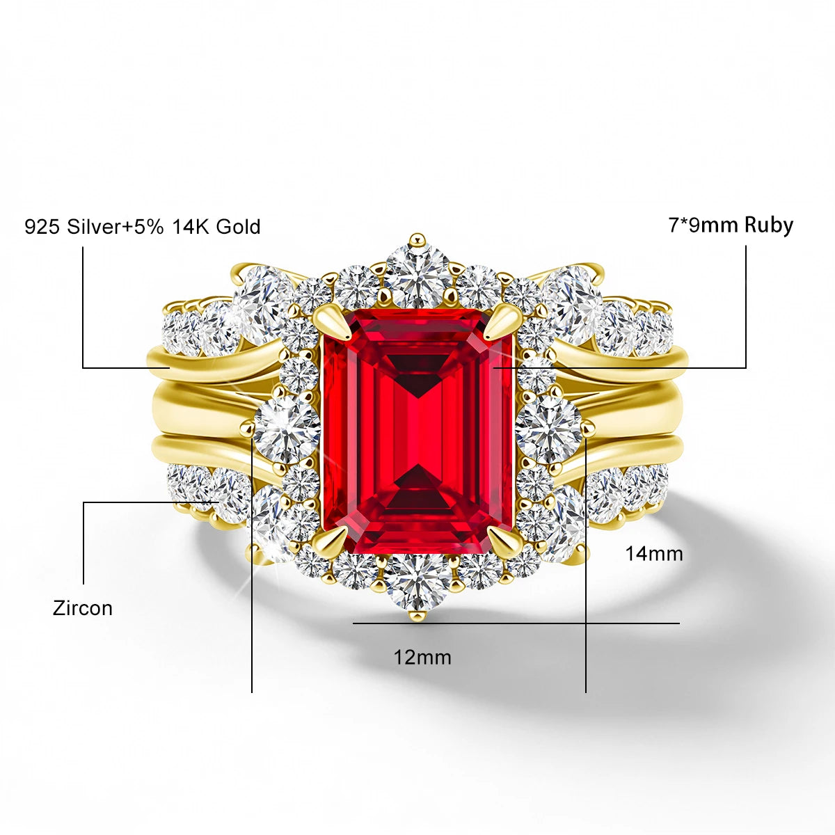 Solid 14K Gold Filled 3CT Emerald Cut Moissanite Stackable Ring Set Au585 Luxury Engagement Ring for Women Bridal Gift Jewelry