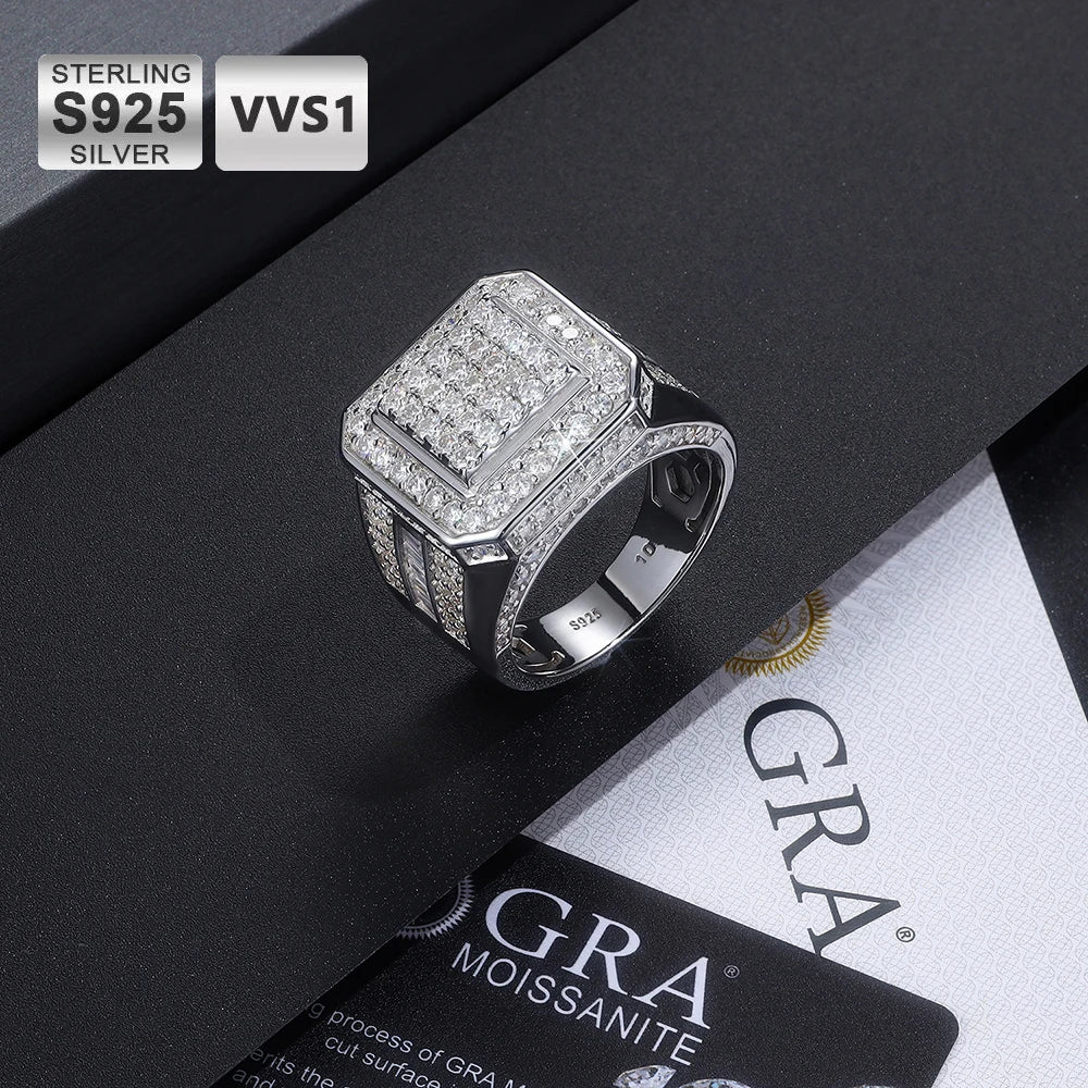 S925 Sterling Silver VVS Moissanite Men's Ring Hipster Style with Square and Round Brilliant Cuts Hip Hop Jewelry