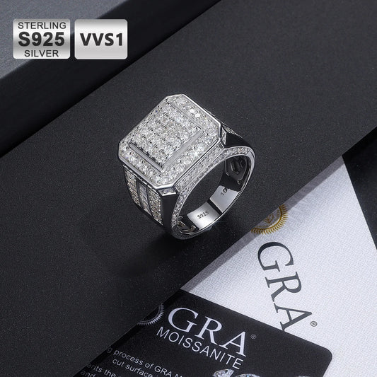 S925 Sterling Silver VVS Moissanite Men's Ring Hipster Style with Square and Round Brilliant Cuts Hip Hop Jewelry