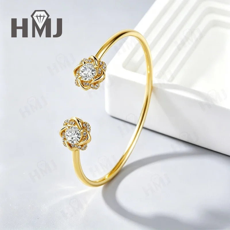 Moissanite Open Bangle Bracelet 6.5mm Round Cut 925 Sterling Silver 18K Gold Plated Romantic Sweet Daily Wear Bridal Jewelry