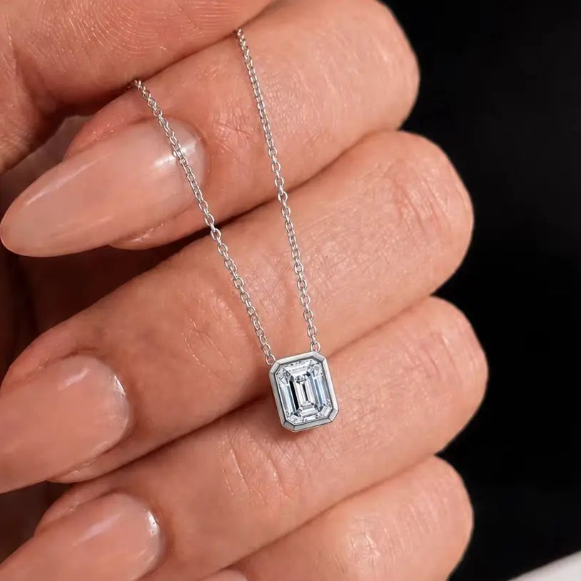 A Minimalist, Stylish, and Elegant 925 Silver Necklace for Women, Featuring A 1-Carat Rectangular Bezel-Set Moissanite.