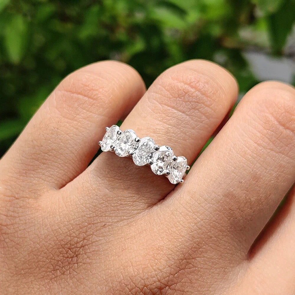 2.5CTTW 5 Stone Moissanite Ring For Women GRA 4*6mm Oval Cut Lab Diamond 925 Silver Half Eternity Stackable Wedding Band Jewelry