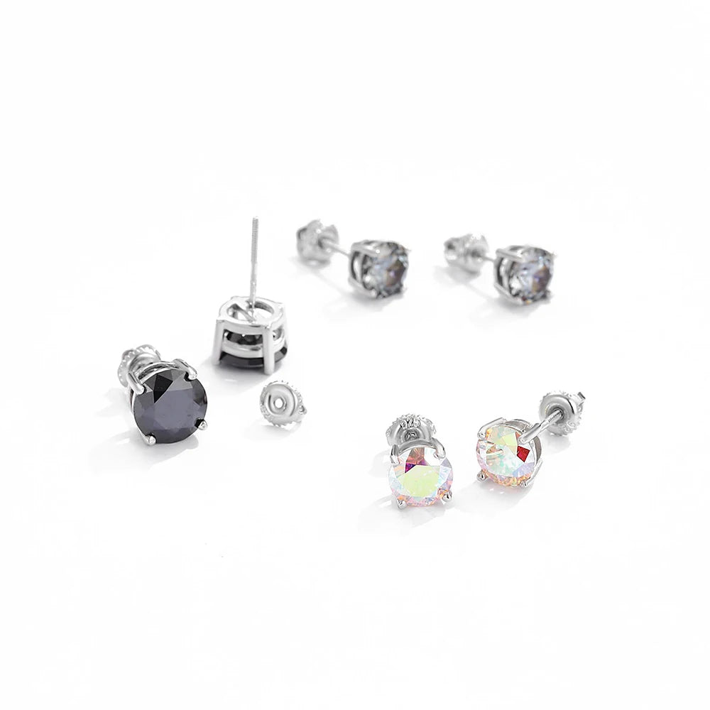 4/5/6.5/8 mm Real Moissanite Diamond Stud Earrings Blue/Red/Green/Yellow/Pink/Black/White/Grey 925 Sterling Silver Jewelry