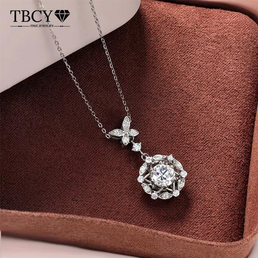 TBCYD 1CT Moissanite Pendant Necklace Silver 925 Women's Butterfly Flower Necklace High Quality Sparkling Mother's Jewelry Gifts