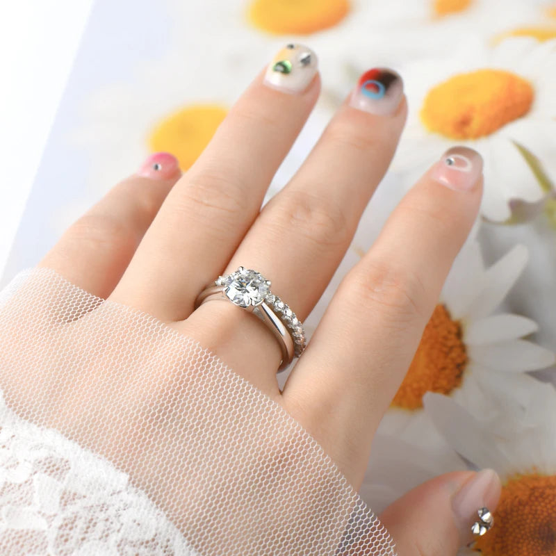 8mm 2.0CT D Moissanite Bridal Set Solitaire Ring 925 Silver Stackable Band for Women Engagement Wedding Finger Jewelry Sets S925