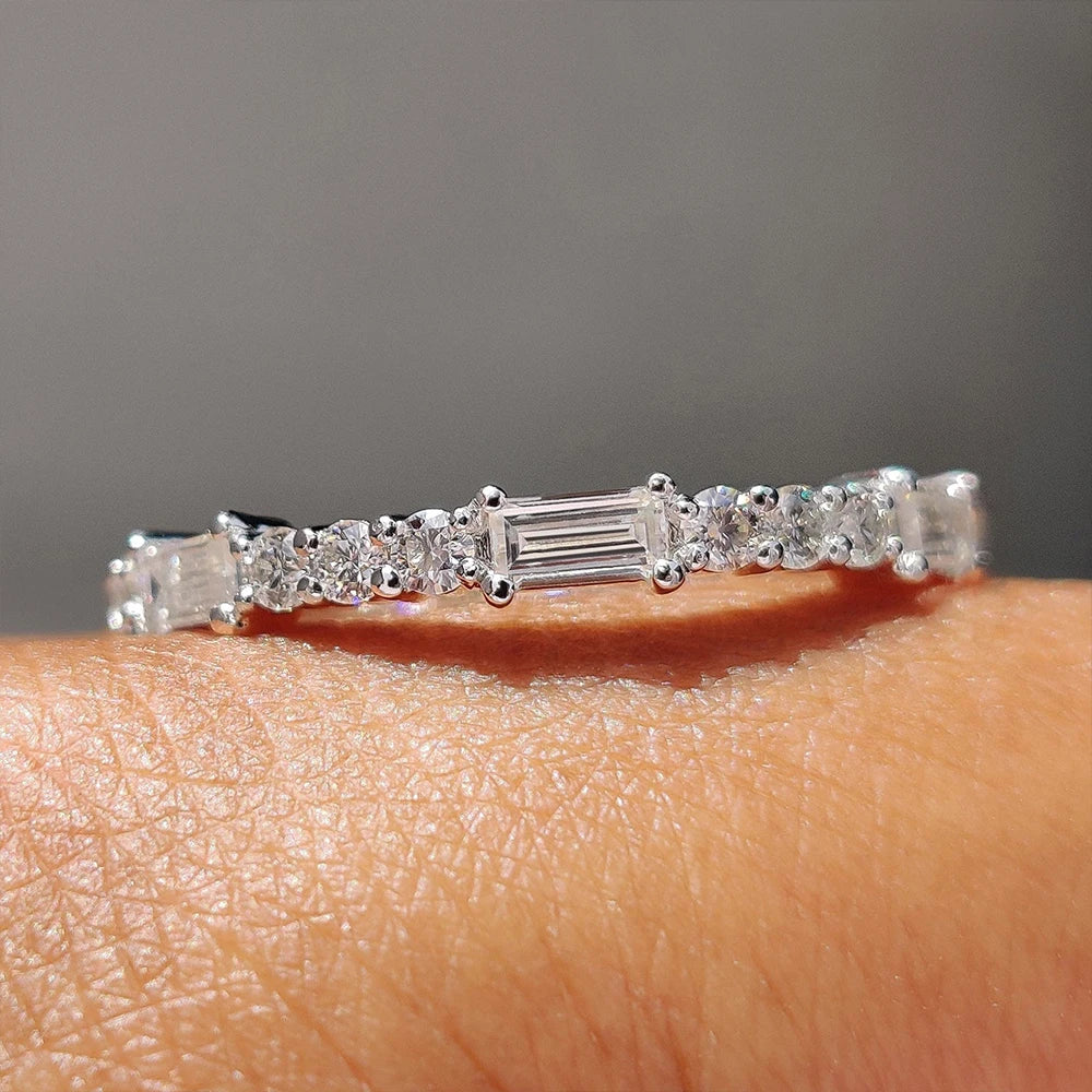 Round Baguette Cut Moissanite Wedding Bands for Women 925 Sterling Silver Full Eternity Matching Stackable Bridal Ring Jewelry