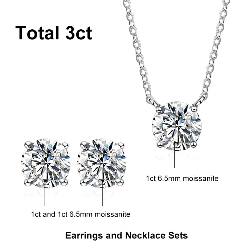 NeeTim 1ct 2ct 3ct 5ct Moissanite Jewelry Sets for Women 925 Silver with White Gold Plated Necklace Chain Stud Earrings Sets
