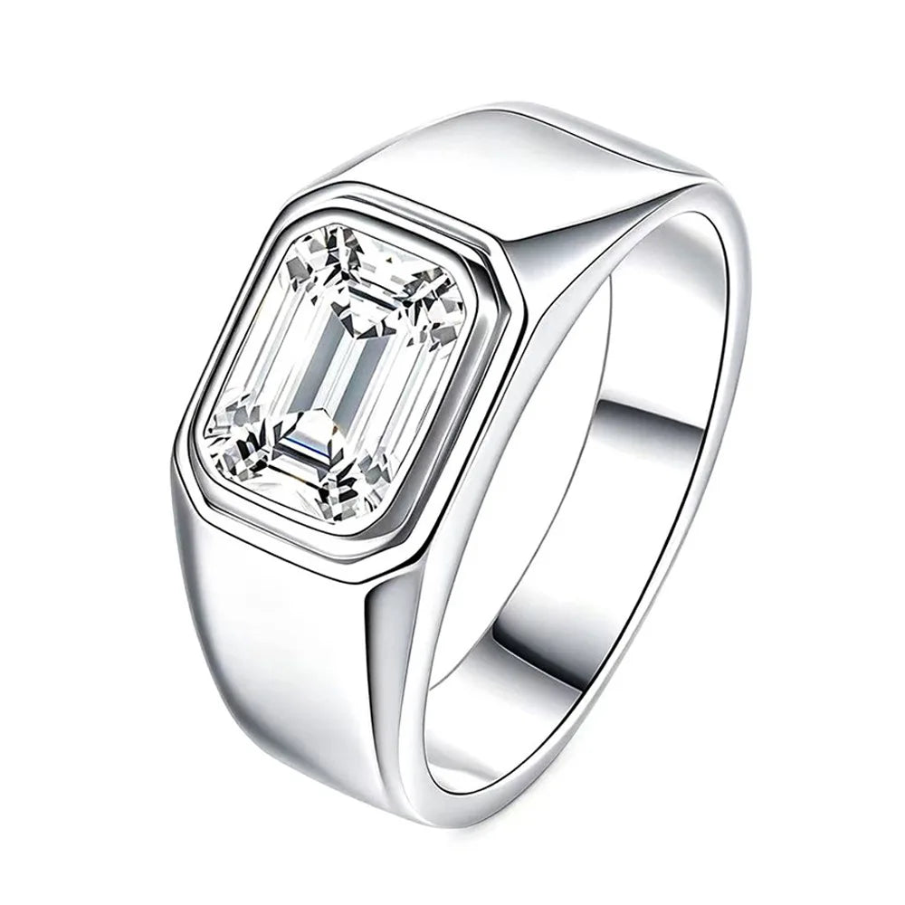 Emerald Cut D VVS1 Moissanite 925 Silver Signet Ring Minimalist Bezel Setting Fine Jewelry Men Wedding Statement Band Daily Gift