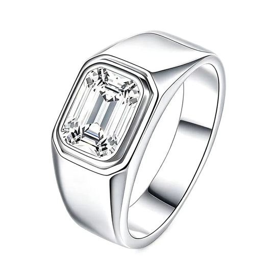 Emerald Cut D VVS1 Moissanite 925 Silver Signet Ring Minimalist Bezel Setting Fine Jewelry Men Wedding Statement Band Daily Gift