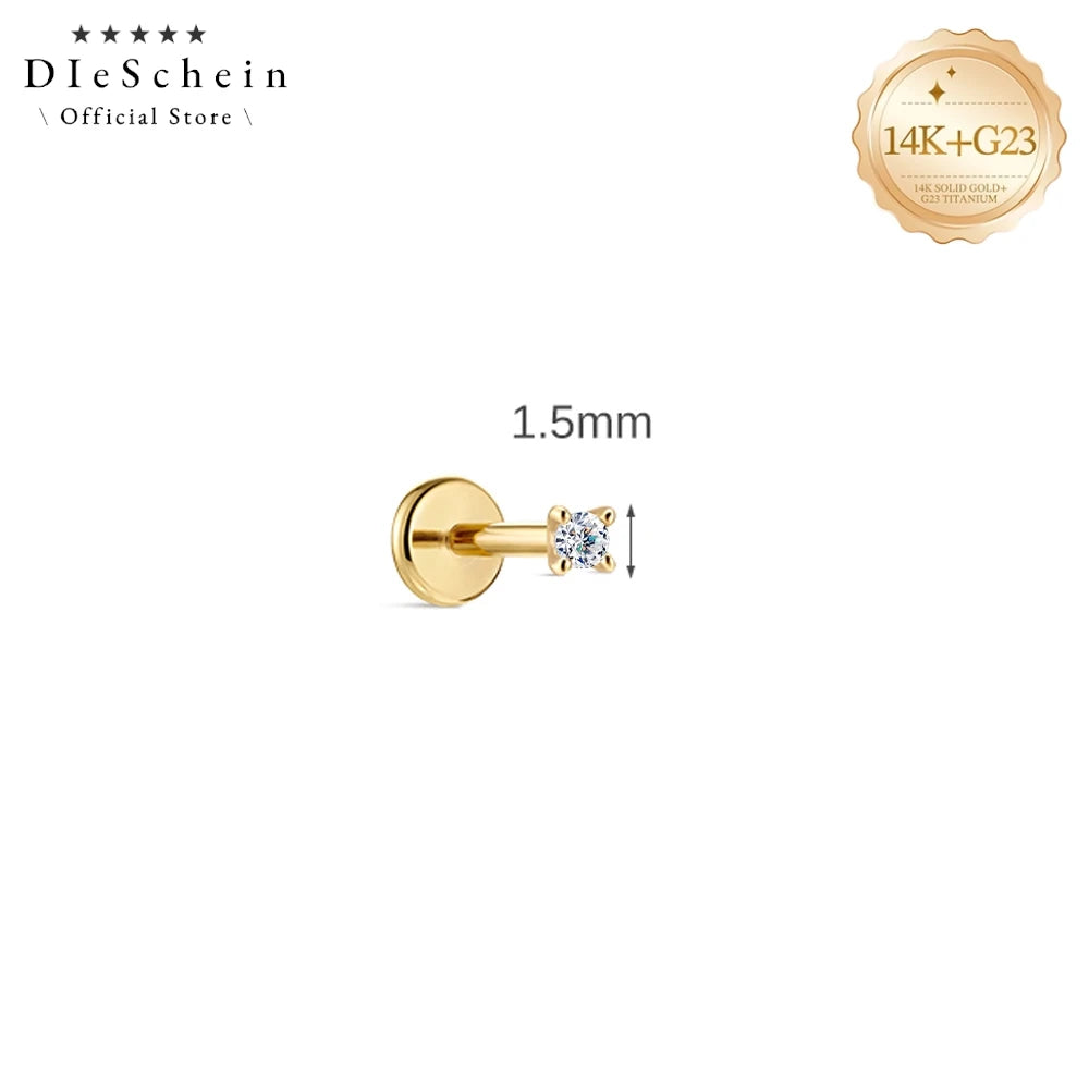 DIeSchein Genuine 14k Solid Gold Flat Back Moissanite Stud Earrings Minimalist Tragus Piercing Cartilage 14k Earring for Women