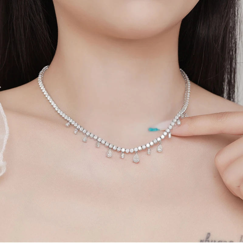 Full Moissanite Tennis Pendant Chain S925 Silver For Women Round/Pear/Oval Cut Diamond Chain Link Necklace Unisex Fine Jewelry
