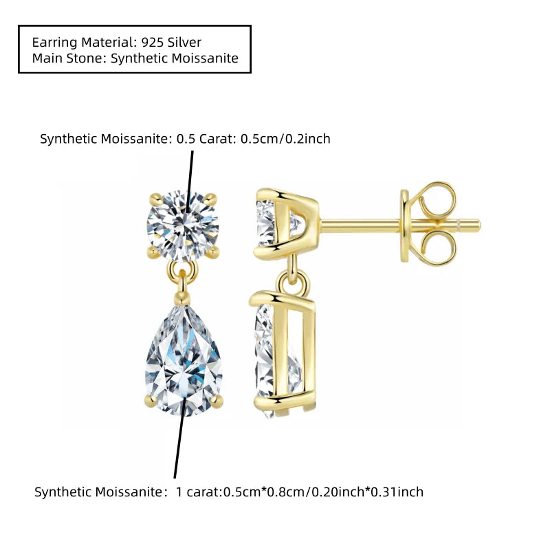 Simple 925 Sterling Silver Pear-Shaped Moissanite Stud Earrings (1.5 Carats X 2), Perfect for Everyday Wear.