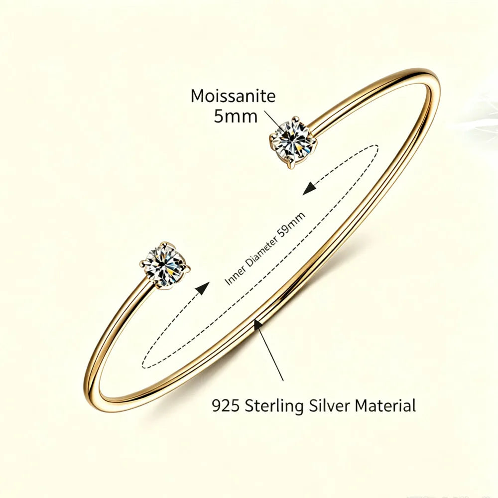 925 Sterling Silver Clover Cluster Moissanite Open Bangle D VVS1 Single Round Bezel Fine Jewelry For Women Daily Party Gift