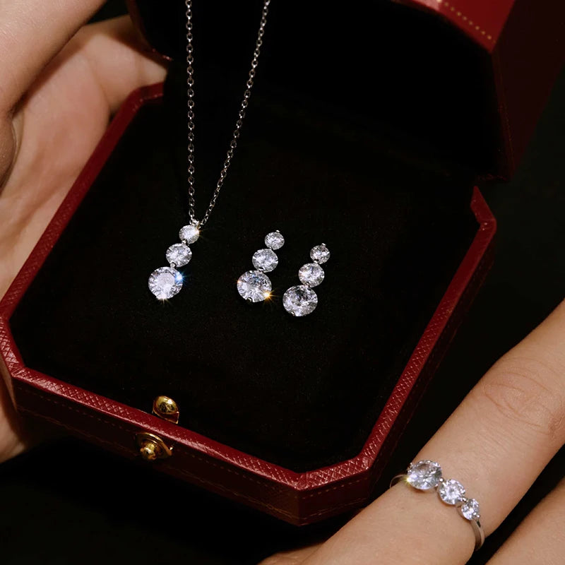 EWYA 3-Stone Round Cut All Moissanite Earrings Ring Pendant Women Full Lab Diamond 925 Silver Party Bridal Fine Jewelry Set Gift
