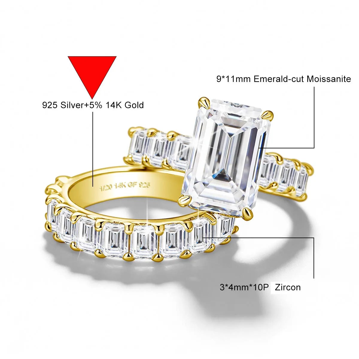 14K Gold Filled 5CT Emerald Cut D Color Moissanite Engagement Ring GRA for Fiancee 925 Silver Bridal Sets Statement Wedding Band