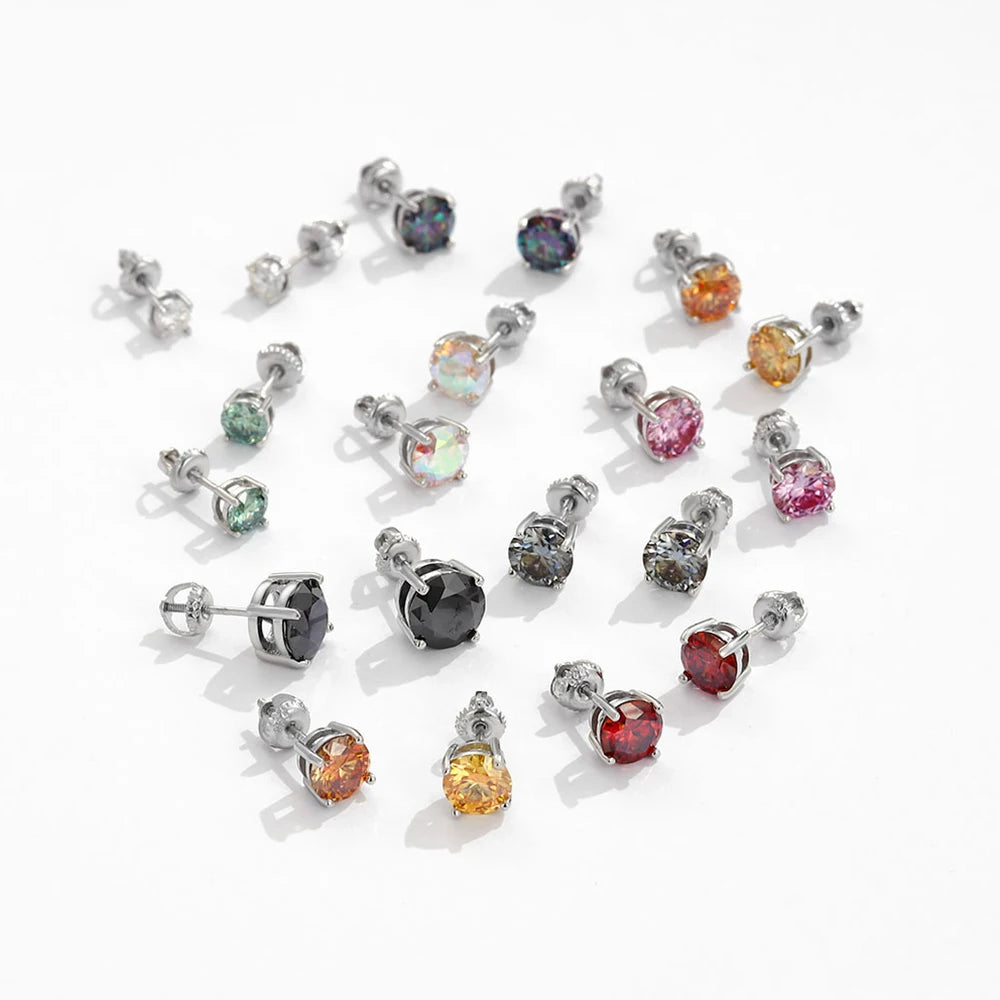 4/5/6.5/8 mm Real Moissanite Diamond Stud Earrings Blue/Red/Green/Yellow/Pink/Black/White/Grey 925 Sterling Silver Jewelry