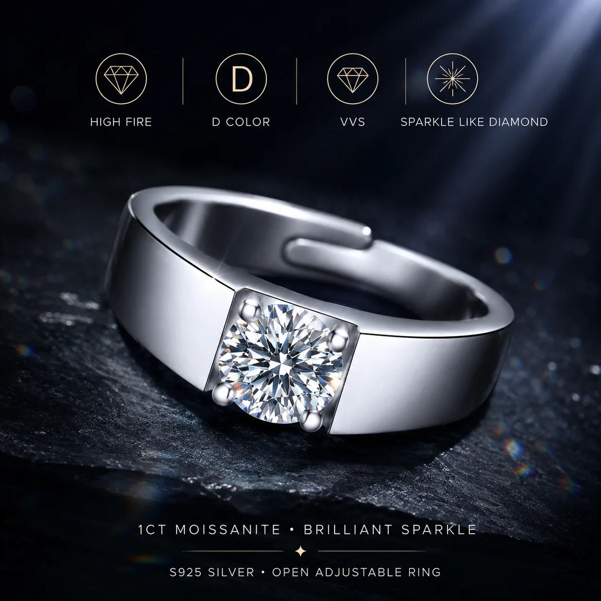 LongZhe Moissanite Ring for Men Rings for Men 925 Sterling Silver Adjustable Open Ring 1CT 6.5mm Fine Jewelry Gift