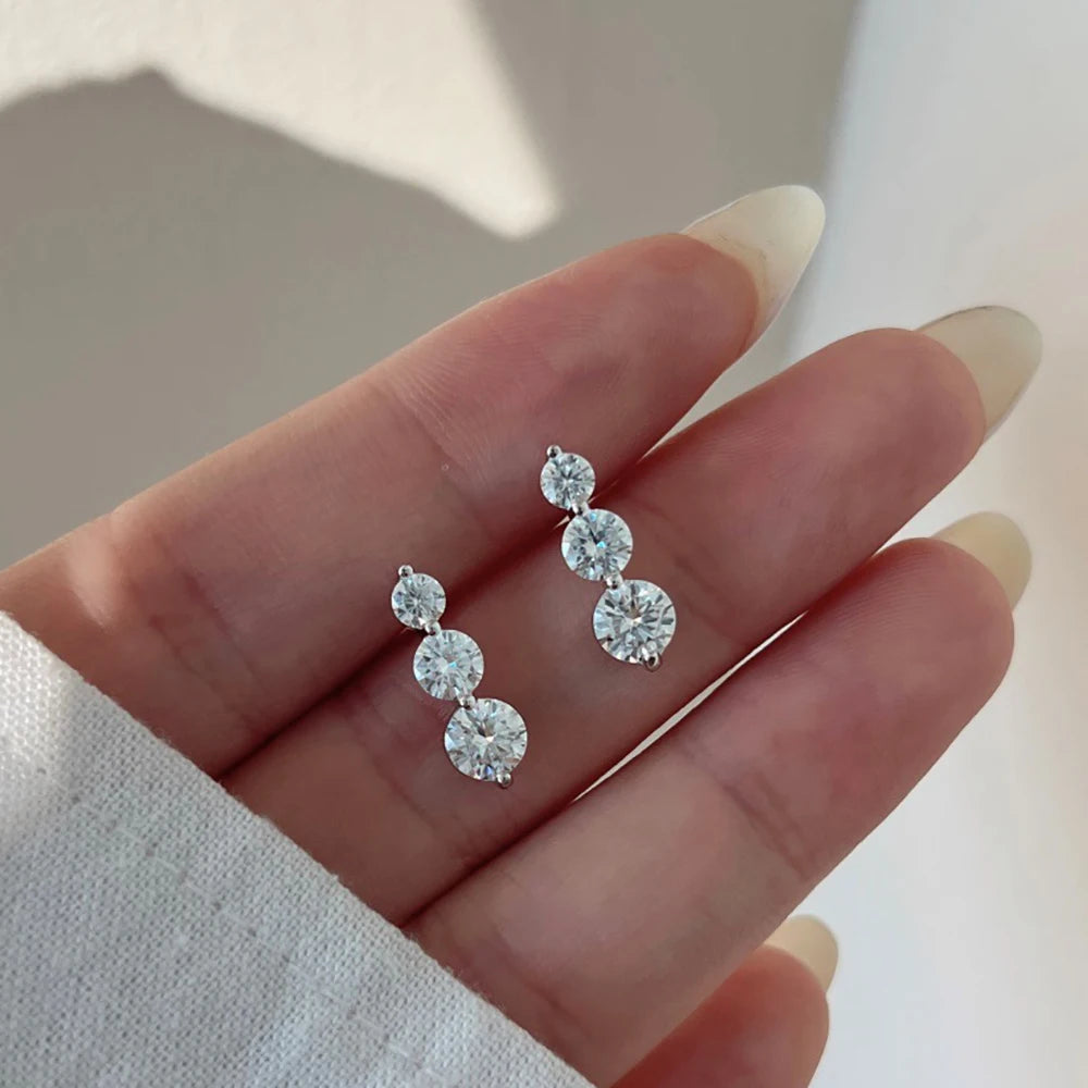 3-Stone Size Gradient All Moissanite Stud Earrings for Women S925 Silver D Color VVS1 Diamond Drop Earring With GRA Certificate