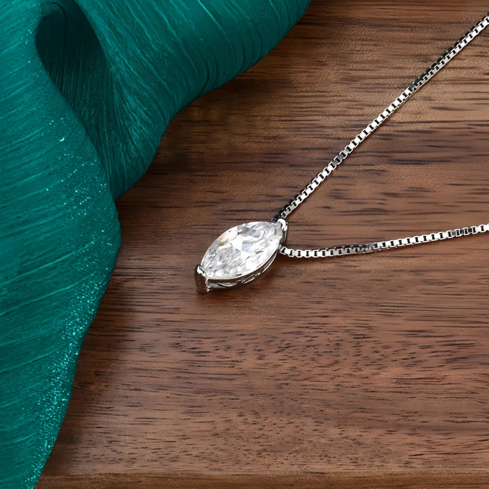 1-3CT Marquise Cut Moissanite/Zircon Necklace Box Chain Minimalist Diamond Pendant Women‘s’ S925 Sterling Silver Certificates