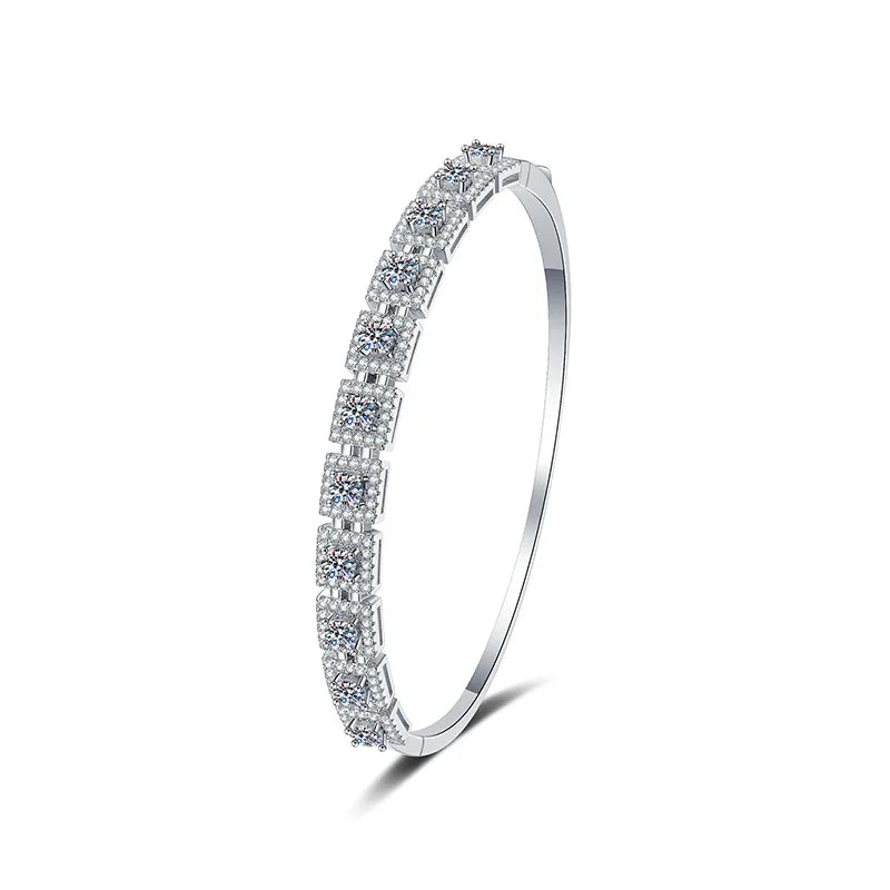 S925 Silver White Gold Plated 2.2CT D Color Moissanite Full Row Square Continuous Bangle for Women, Exquisite Jewelry.