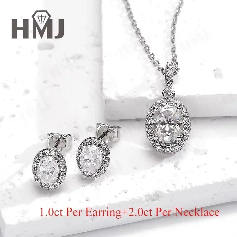 100% 925 Sterling Silver Plated 18K White Gold Moissanite Oval Cut Earring Necklace Jewelry Set  For Women Fine Anniversary Gift