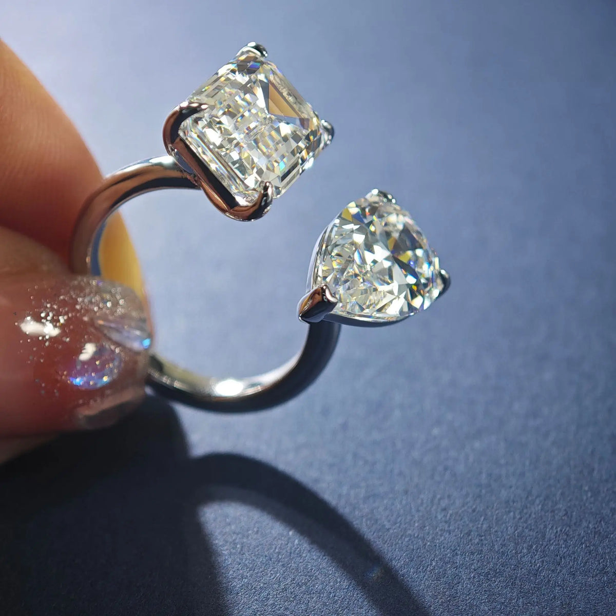 6+6 Carat Two Stone Moissanite Ring for Women. 925 sterling silver, pear and square cut, adjustable opening to 12 carats