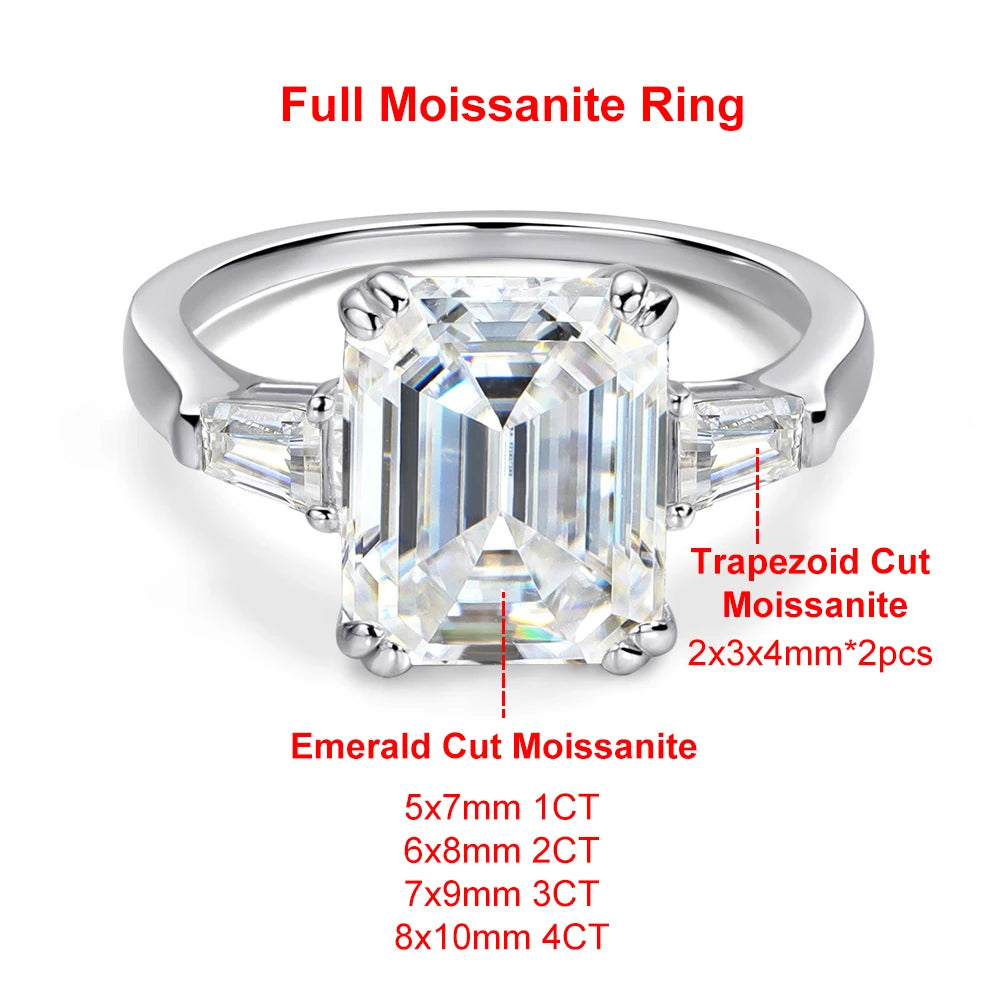 1-4 Carat Emerald Cut Moissanite Rings for Women D VVS1 Three Stone Diamond Engagement Ring Side Baguettes 925 Silver Jewelry