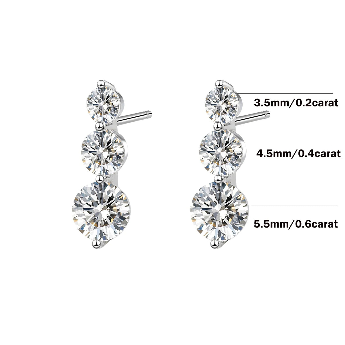 3-Stone Size Gradient All Moissanite Stud Earrings for Women S925 Silver D Color VVS1 Diamond Drop Earring With GRA Certificate