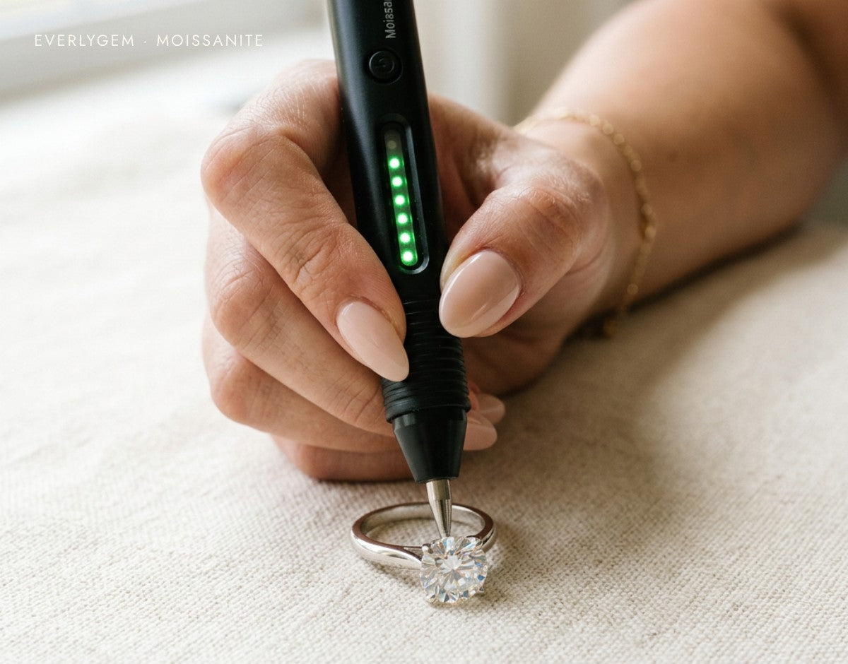 Hand holding a diamond tester on a moissanite solitaire ring, tester lights showing green