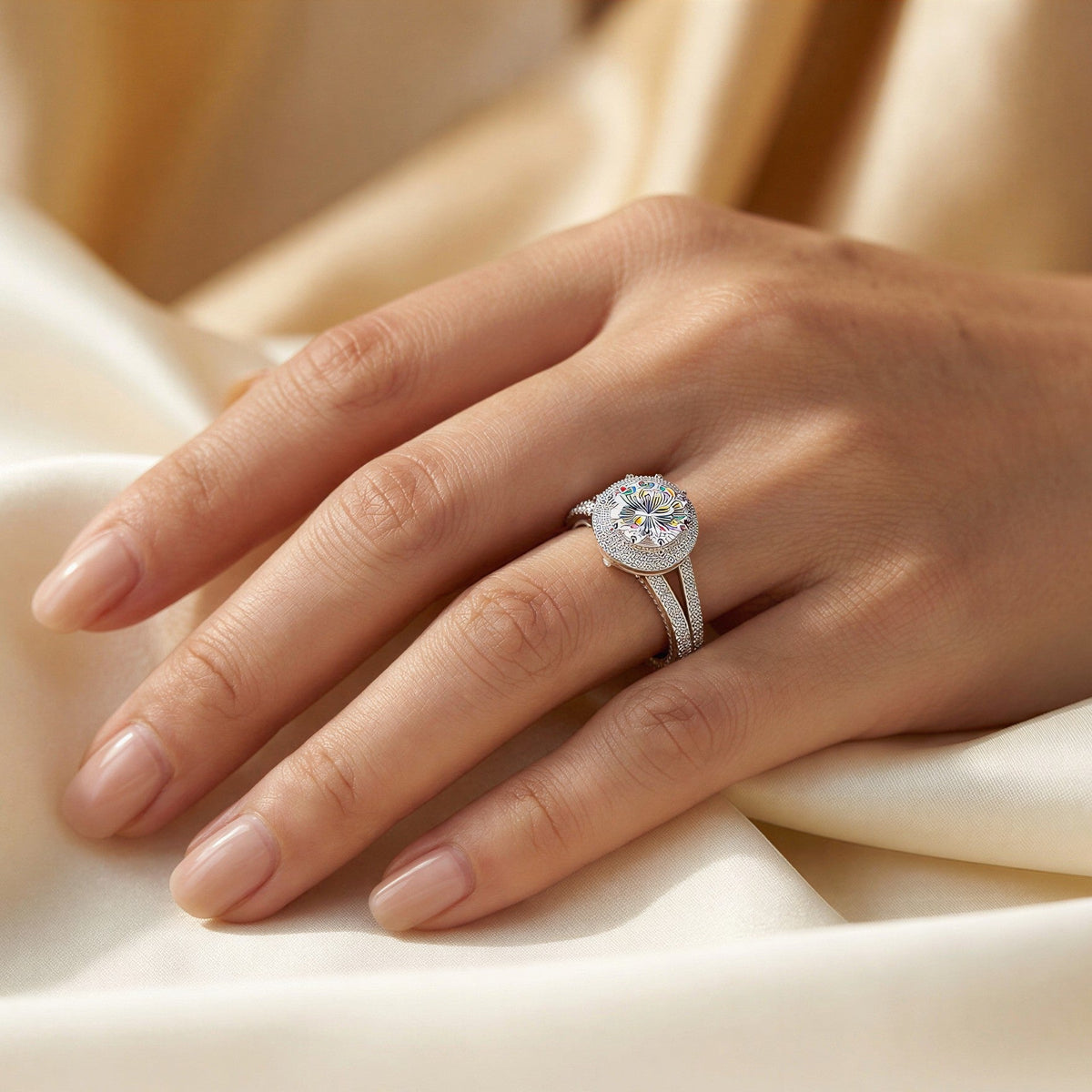 Everly Halo Engagement Ring worn on the hand