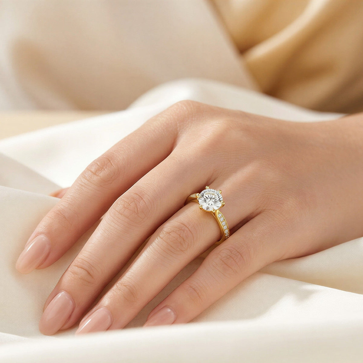 Everly Petite Promise Ring in gold finish worn on the hand