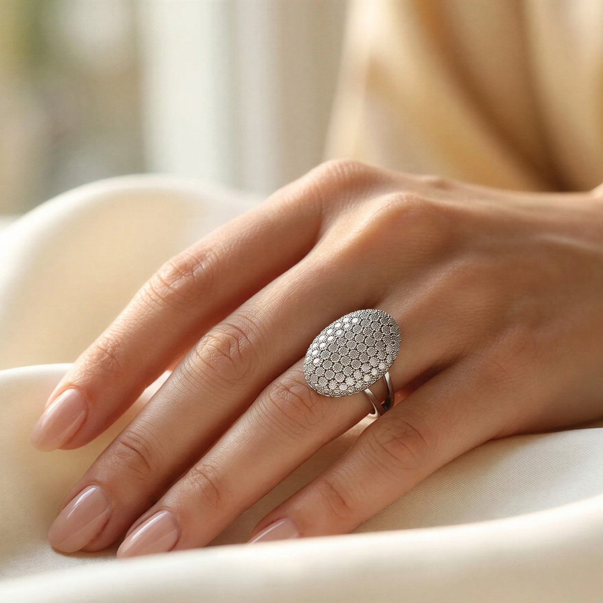 Everly Heirloom Oval Ring worn on the hand