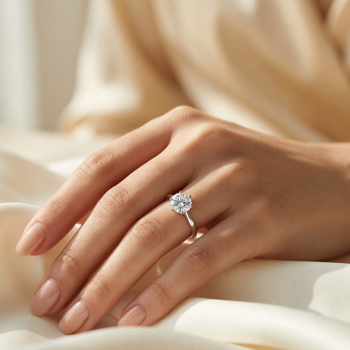 Everly Simple Solitaire Ring worn on the hand