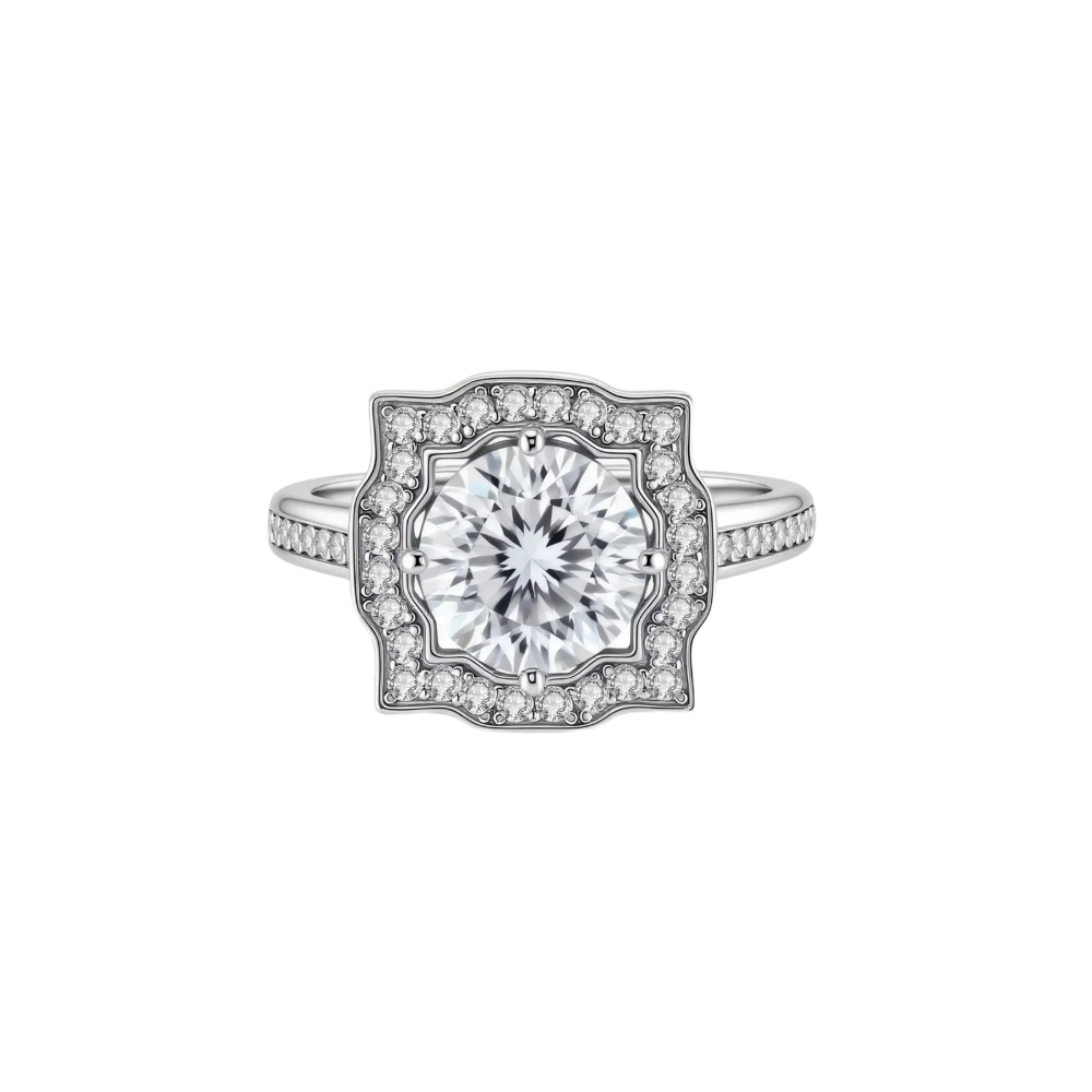 2 CT Round Scalloped Halo Moissanite Ring