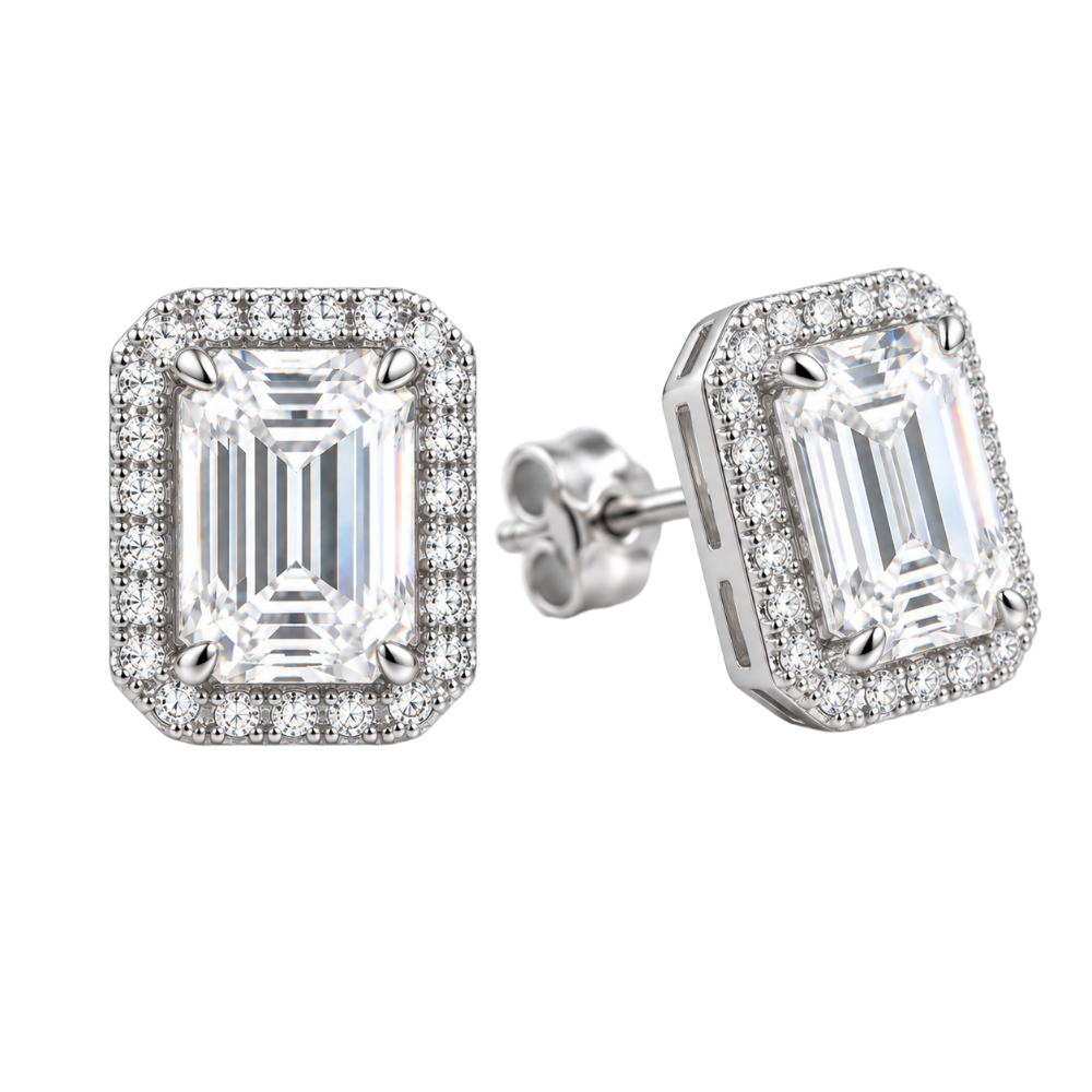 0.5–2 CT Emerald Cut Halo Moissanite Stud Earrings