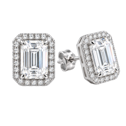 0.5–2 CT Emerald Cut Halo Moissanite Stud Earrings